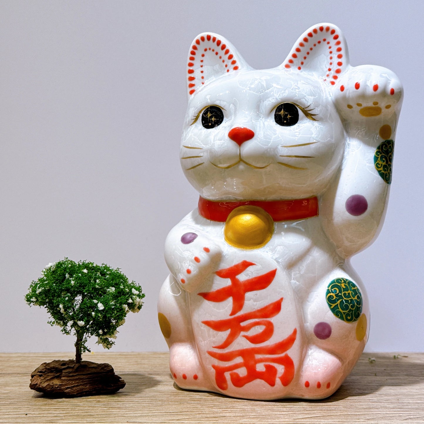 日本清水燒招財貓 花結晶 桃白 千万両 特大 左