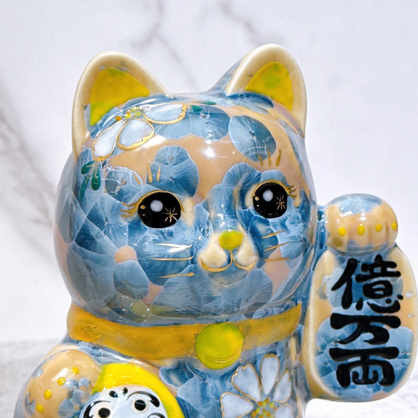 日本清水燒招財貓 達摩 花結晶 灰青 億万両