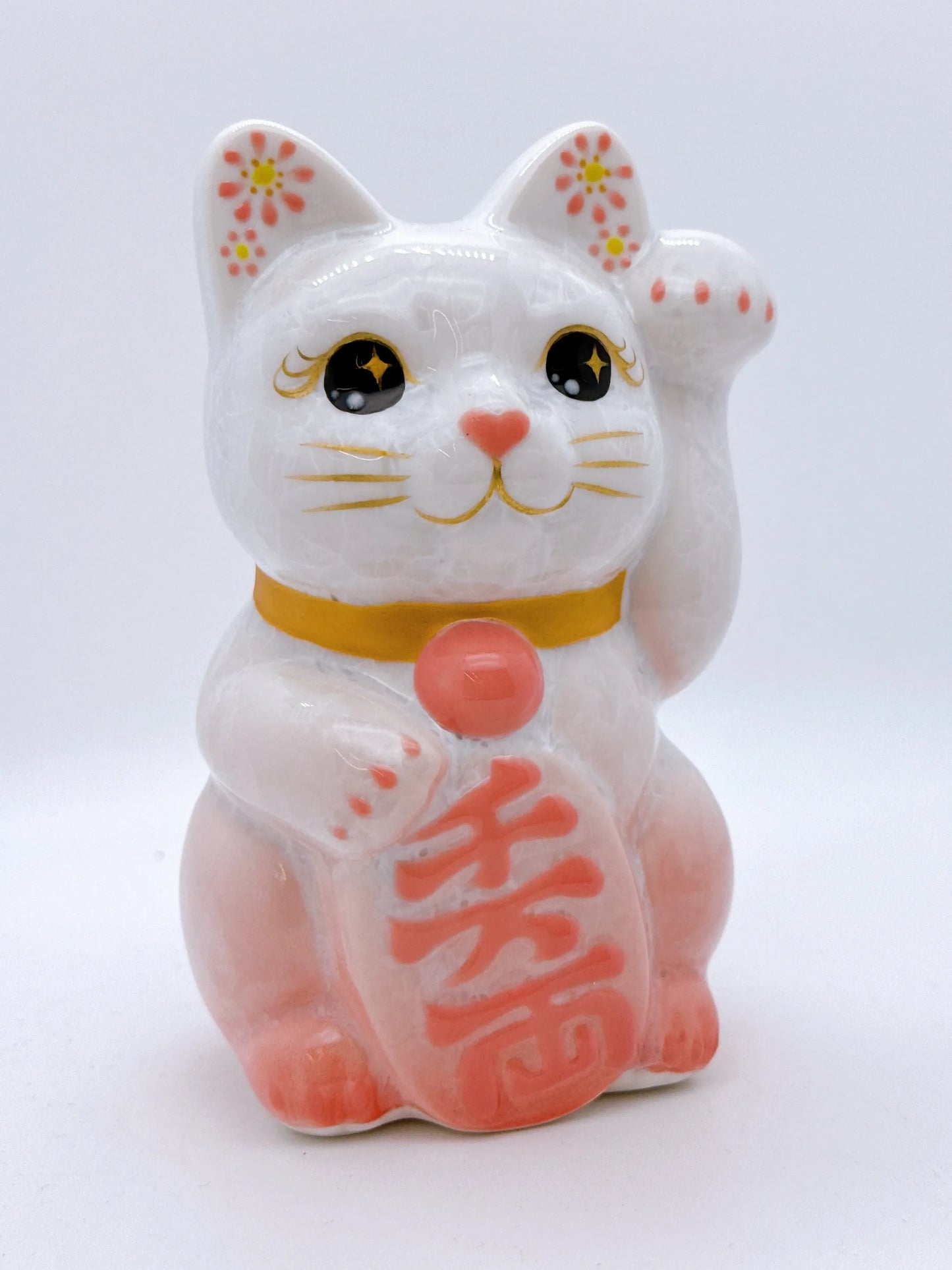 日本清水燒招財貓 花結晶 桃白 千万両 左