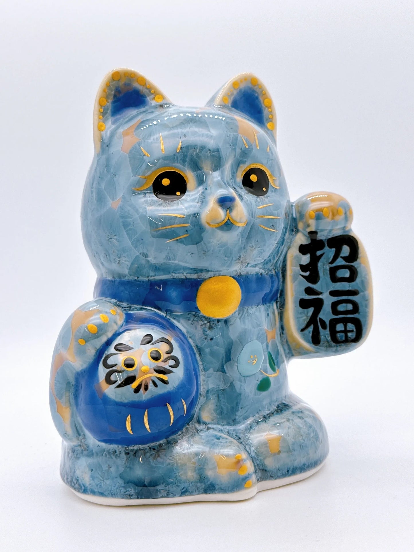 日本清水燒招財貓 達摩 花結晶 灰青 招福