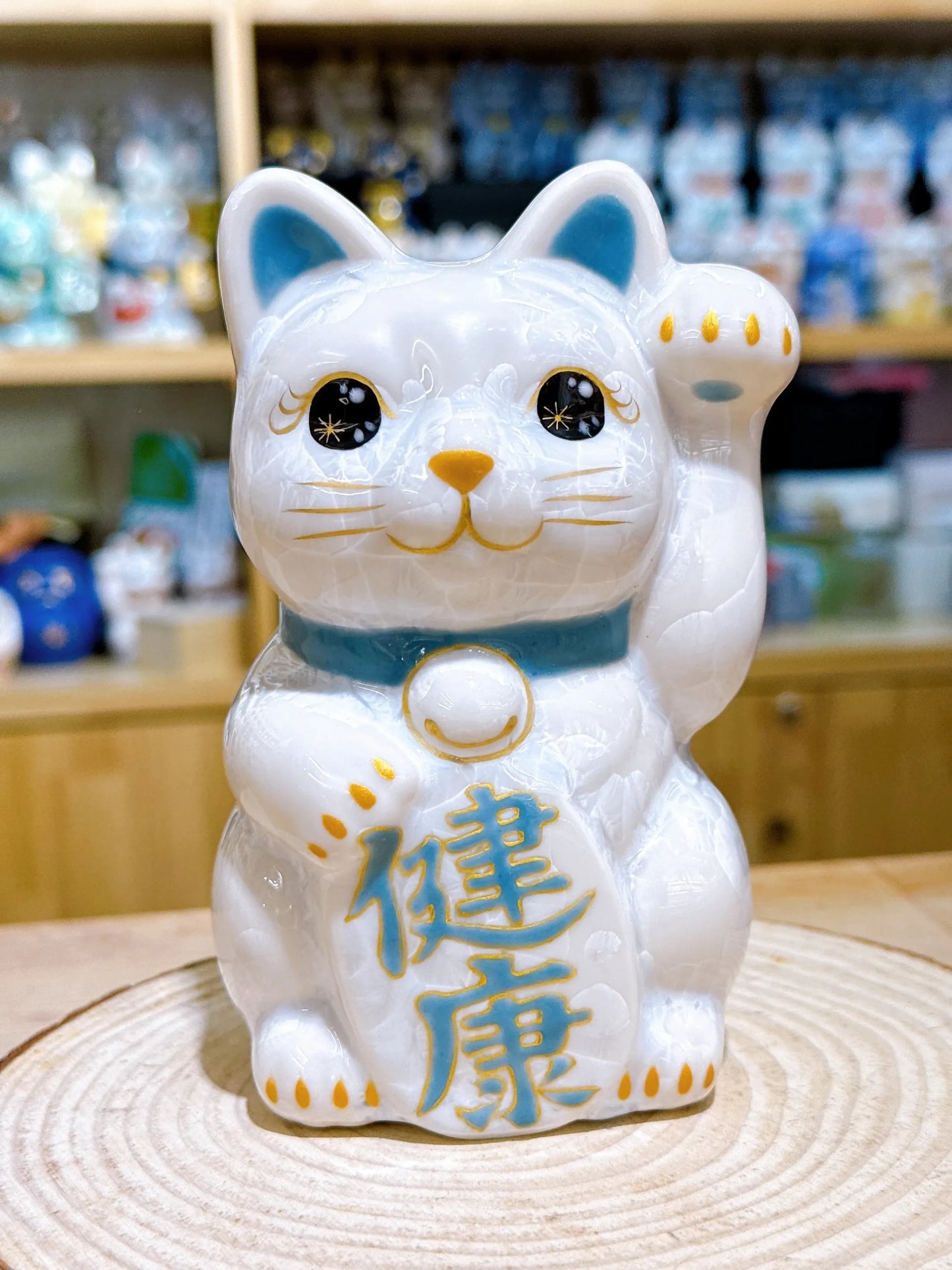 日本清水烧招财猫 花结晶 白色 健康 左