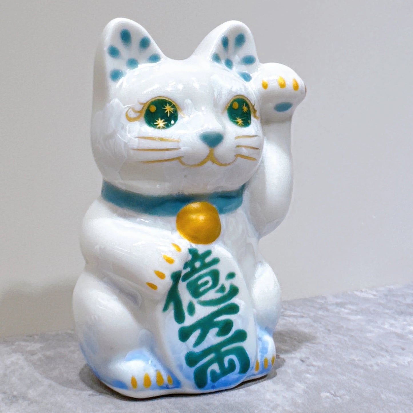 日本清水燒招財貓 花結晶 青白 億万両 左 特小