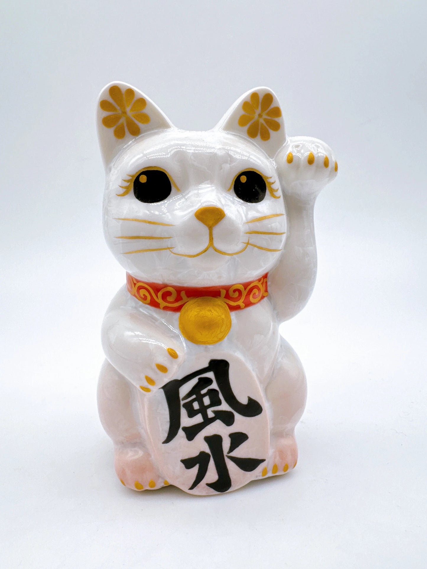 日本清水燒招財貓 花結晶 桃白 風水