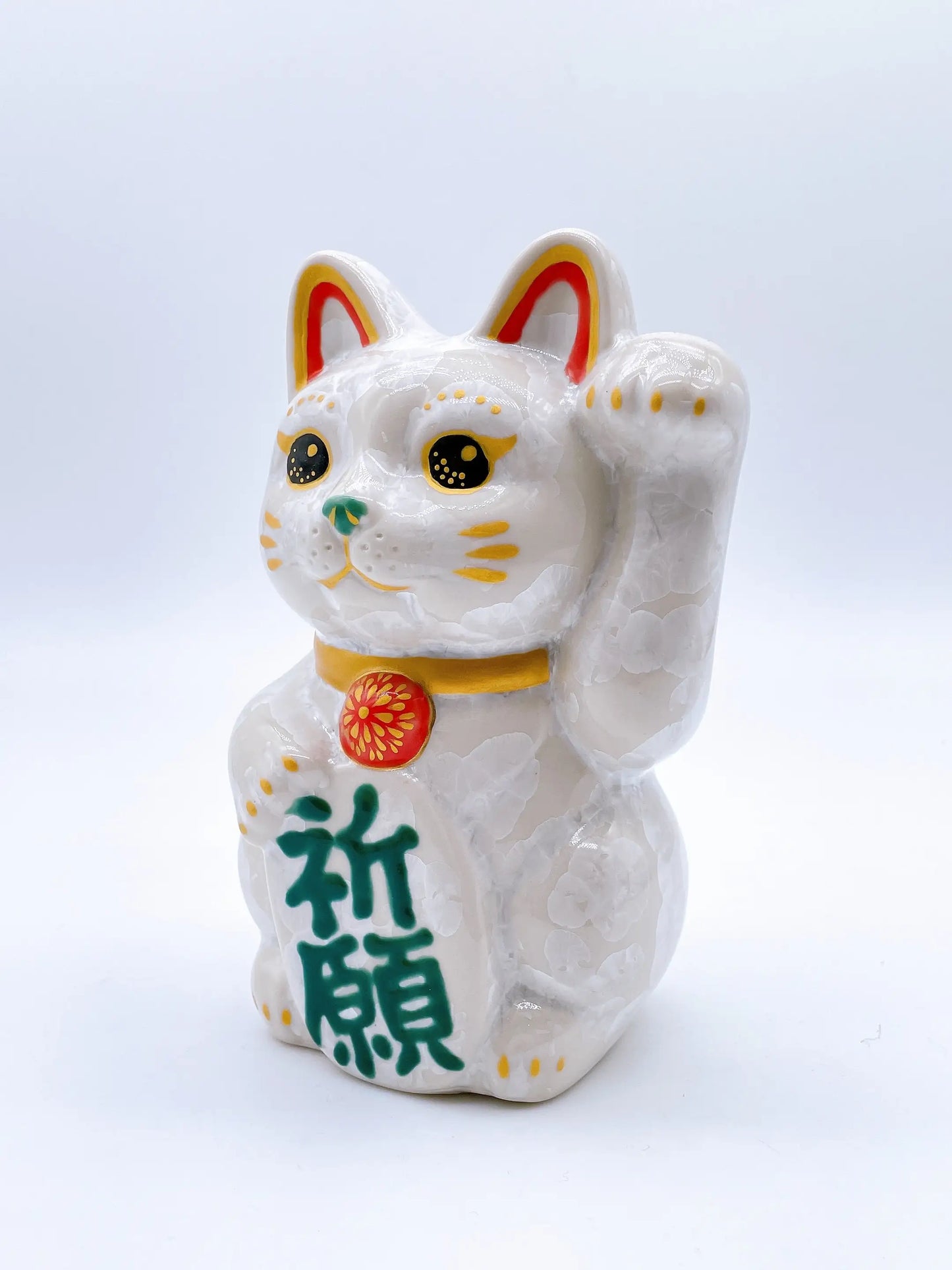 日本清水燒招財貓 花結晶 白 祈願 中號