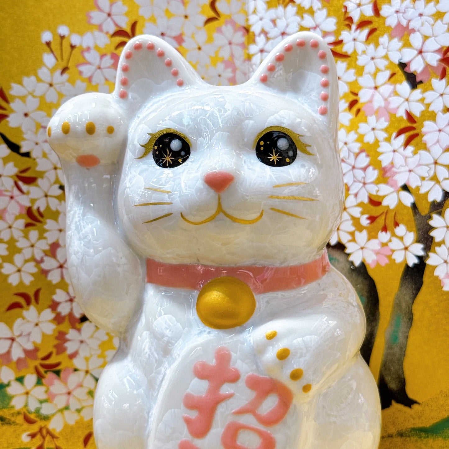 日本清水燒招財貓 花結晶 白 招福 右
