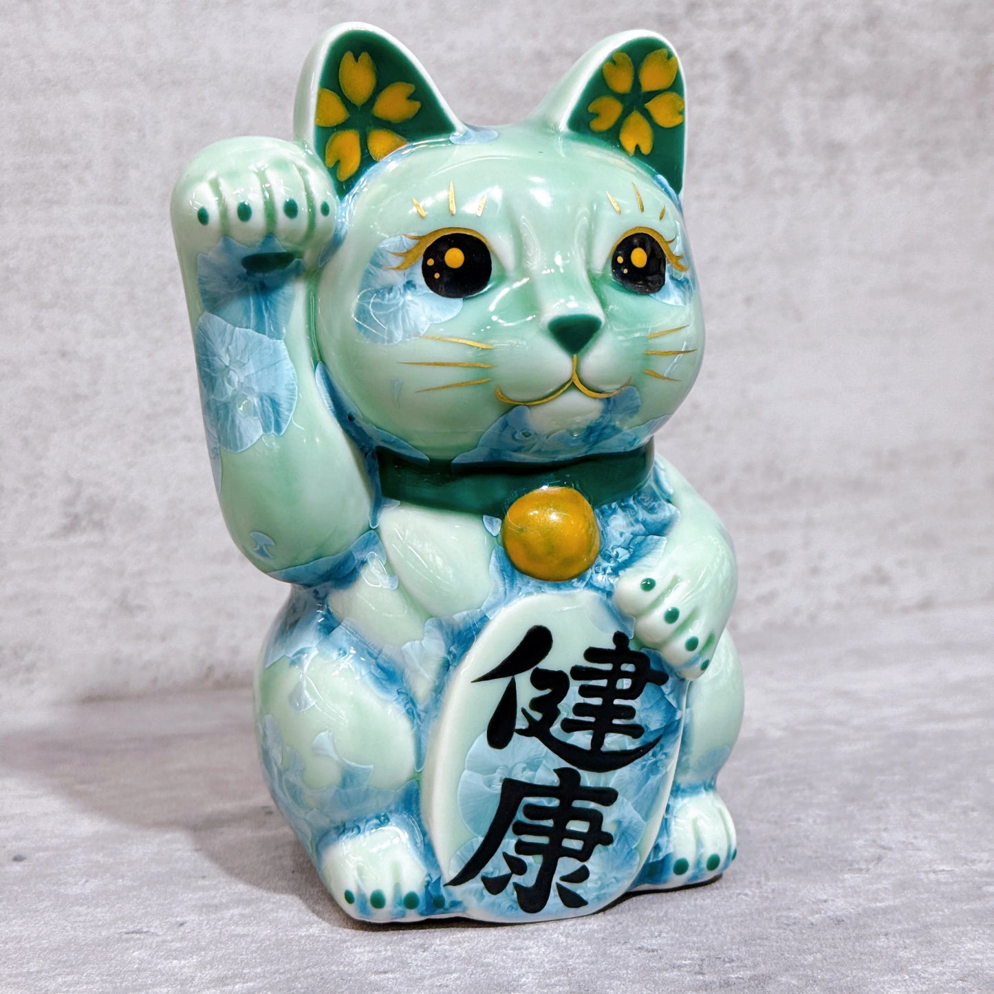 日本清水燒招財貓 花結晶 綠 健康 左