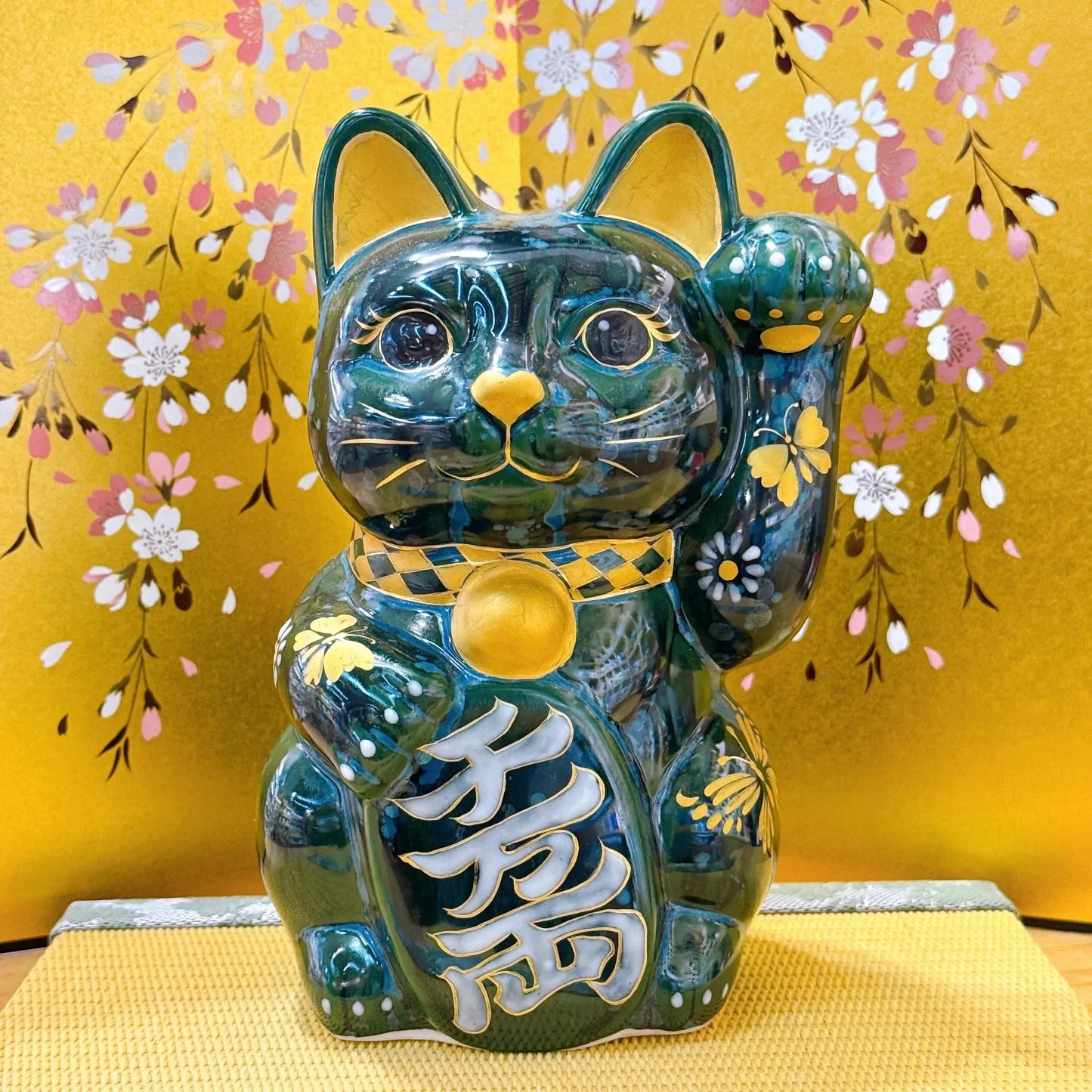 日本清水燒招財貓 古地深綠 特大