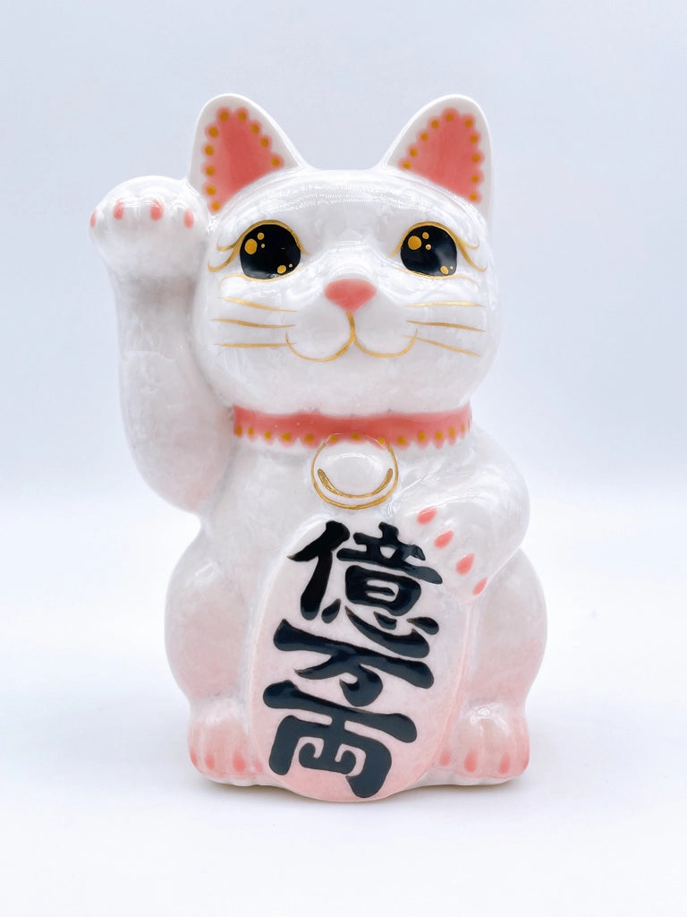 日本清水烧招财猫 花结晶 桃白 亿万两 右