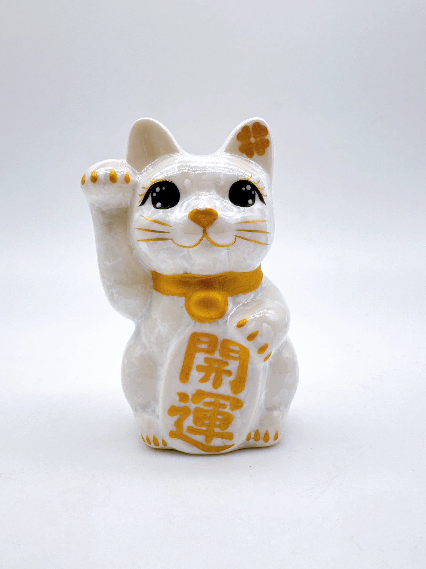 日本清水烧招财猫 花结晶 白 开运 右 特小