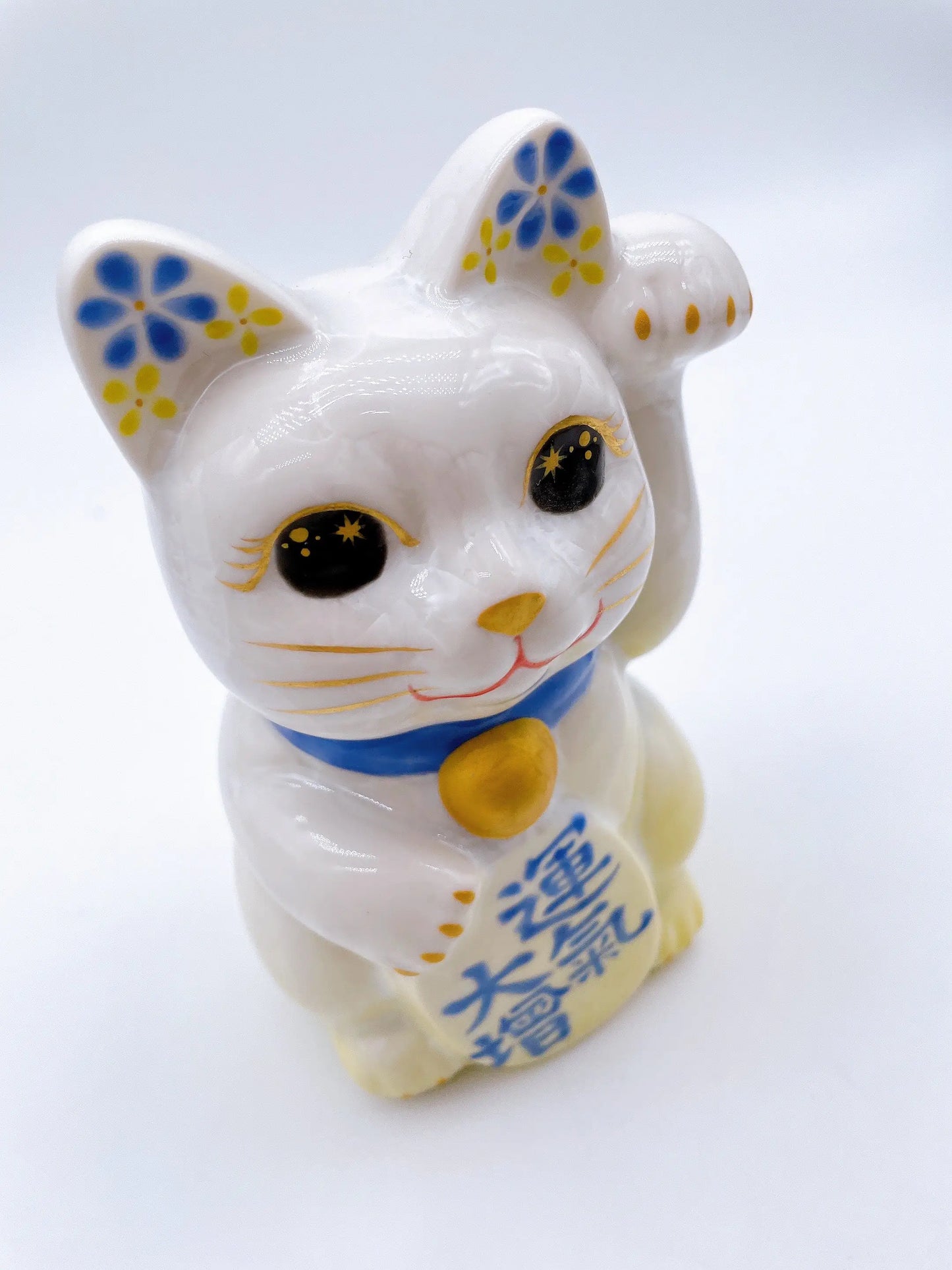 日本清水烧招财猫 花结晶 黄白 运气大增