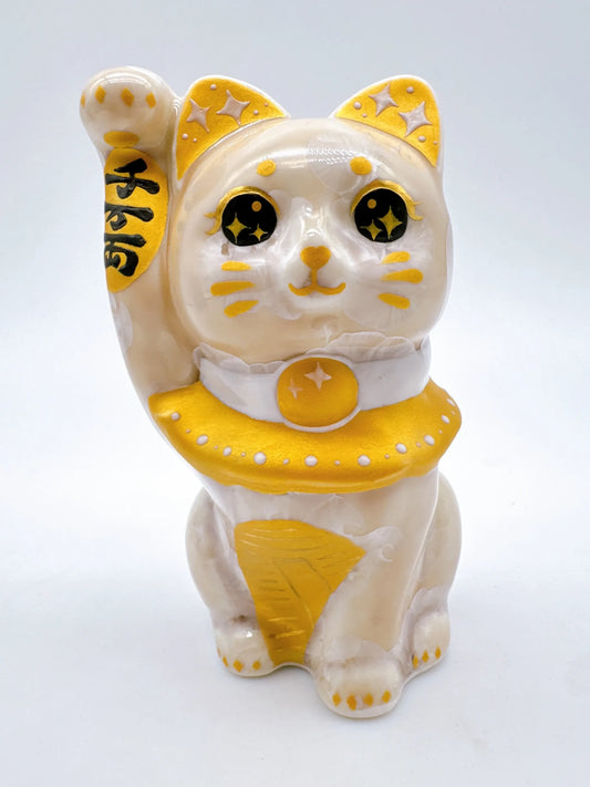 日本清水燒招財貓 花結晶 杏小判 金彩