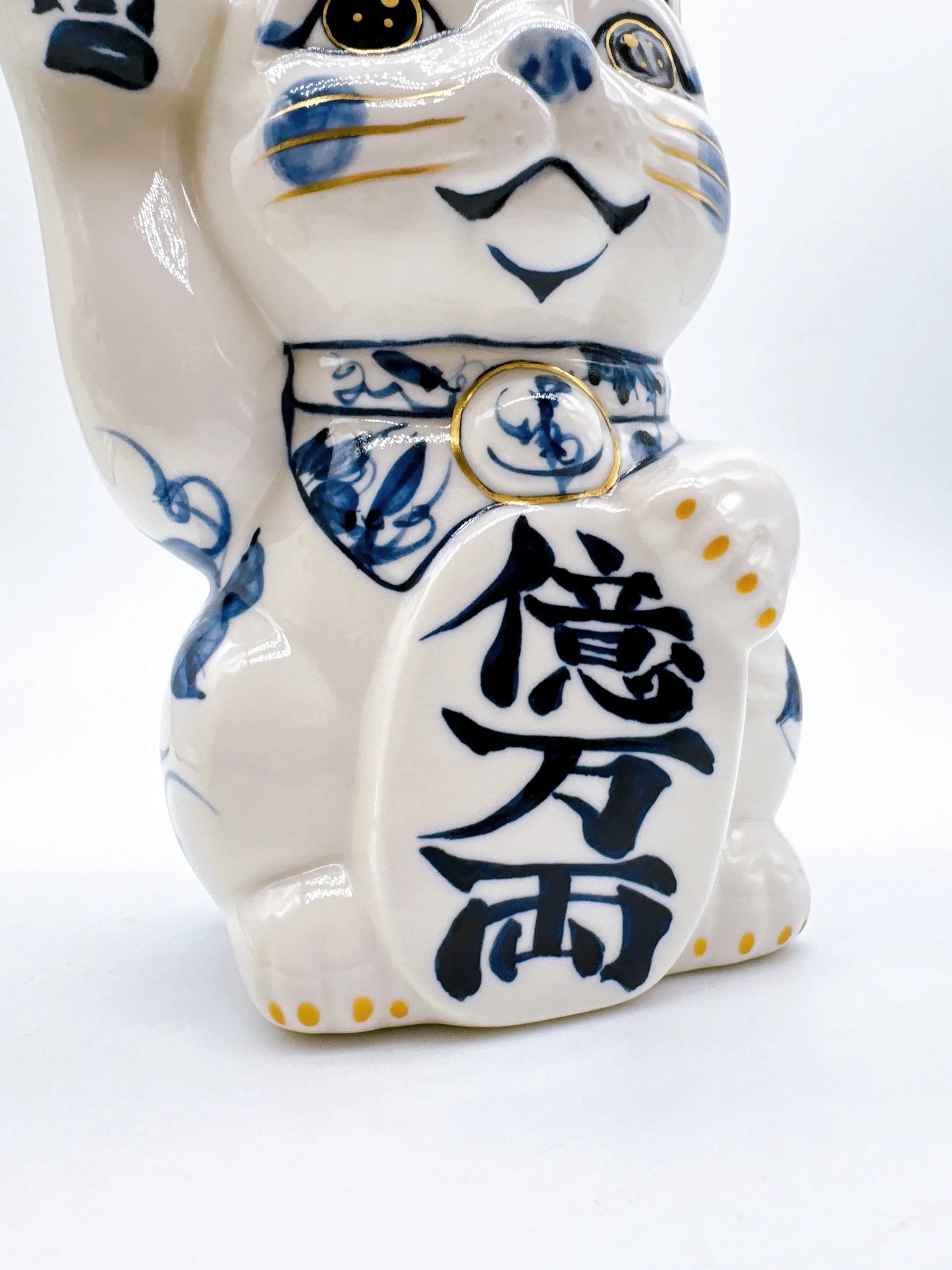 日本清水燒招財貓 染付 鐵線 金彩 特大