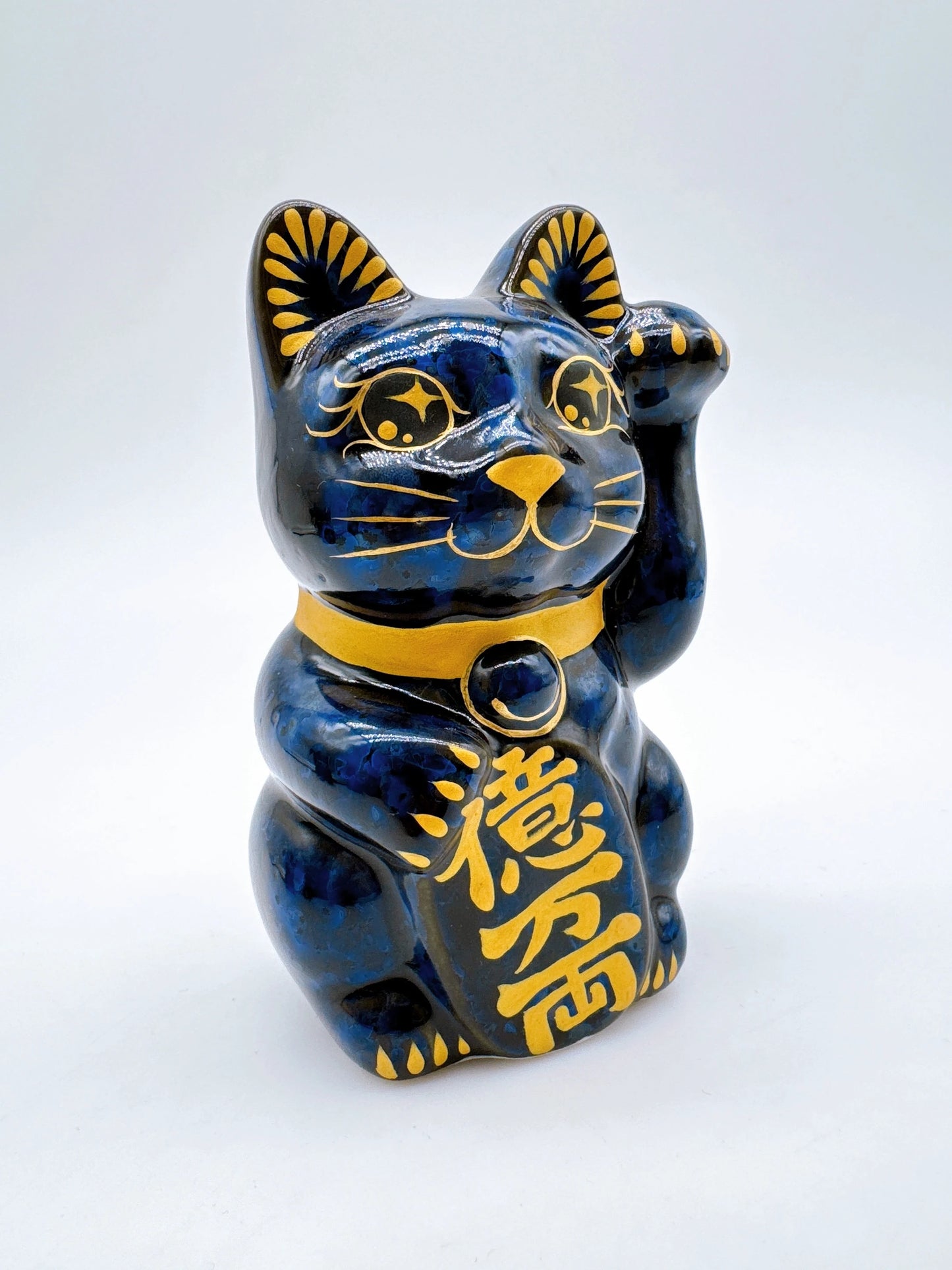日本清水燒招財貓 花結晶 青墨 億万両 左 特小