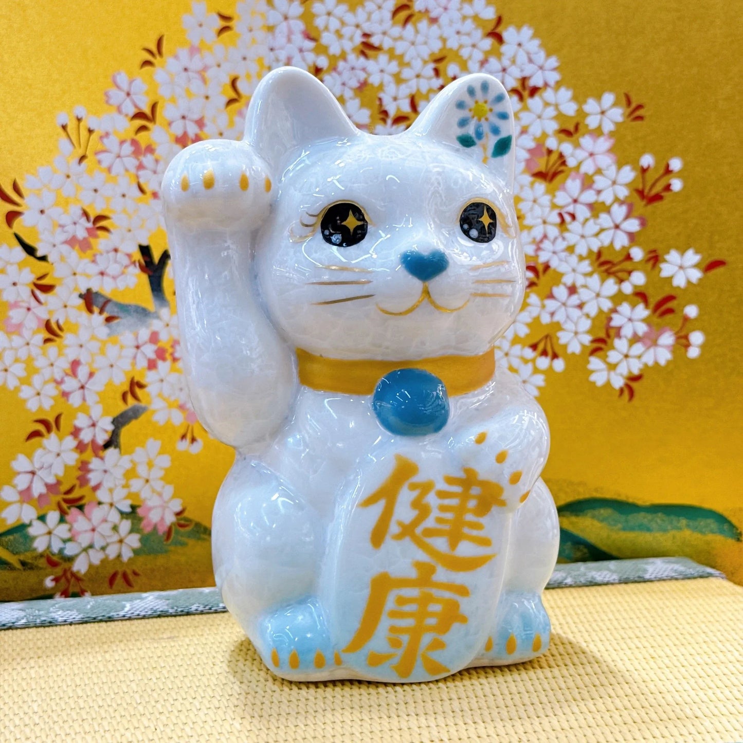 日本清水燒招財貓 花結晶 水白 健康 右