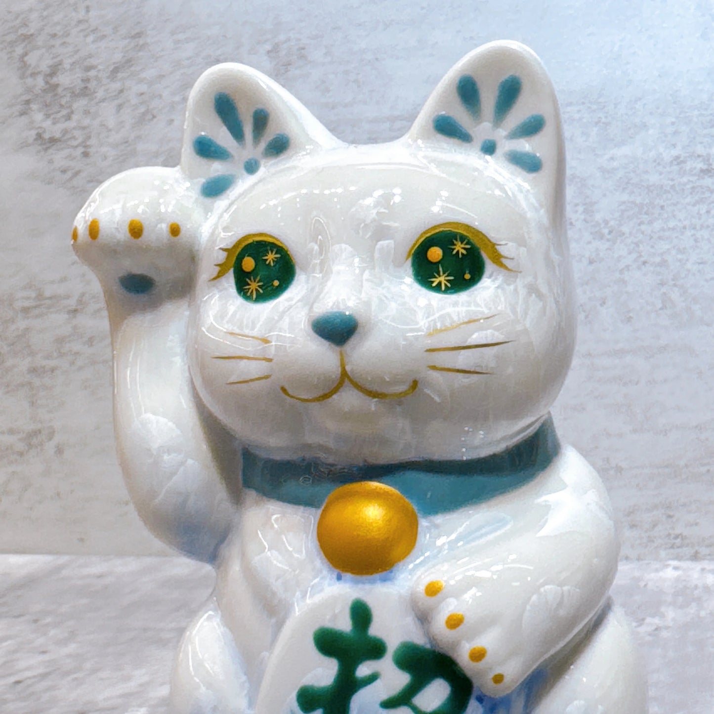 日本清水燒招財貓 花結晶 青白 招福 右