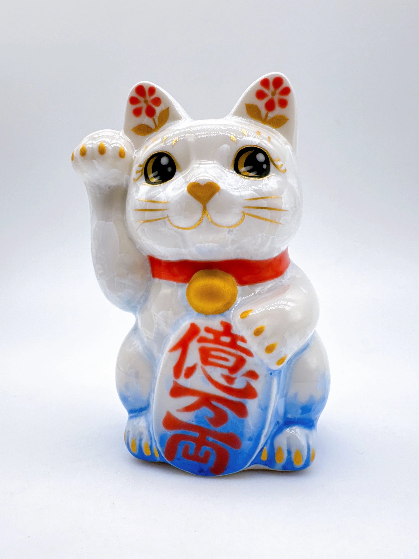 日本清水燒招財貓 花結晶 青白 億万両 右