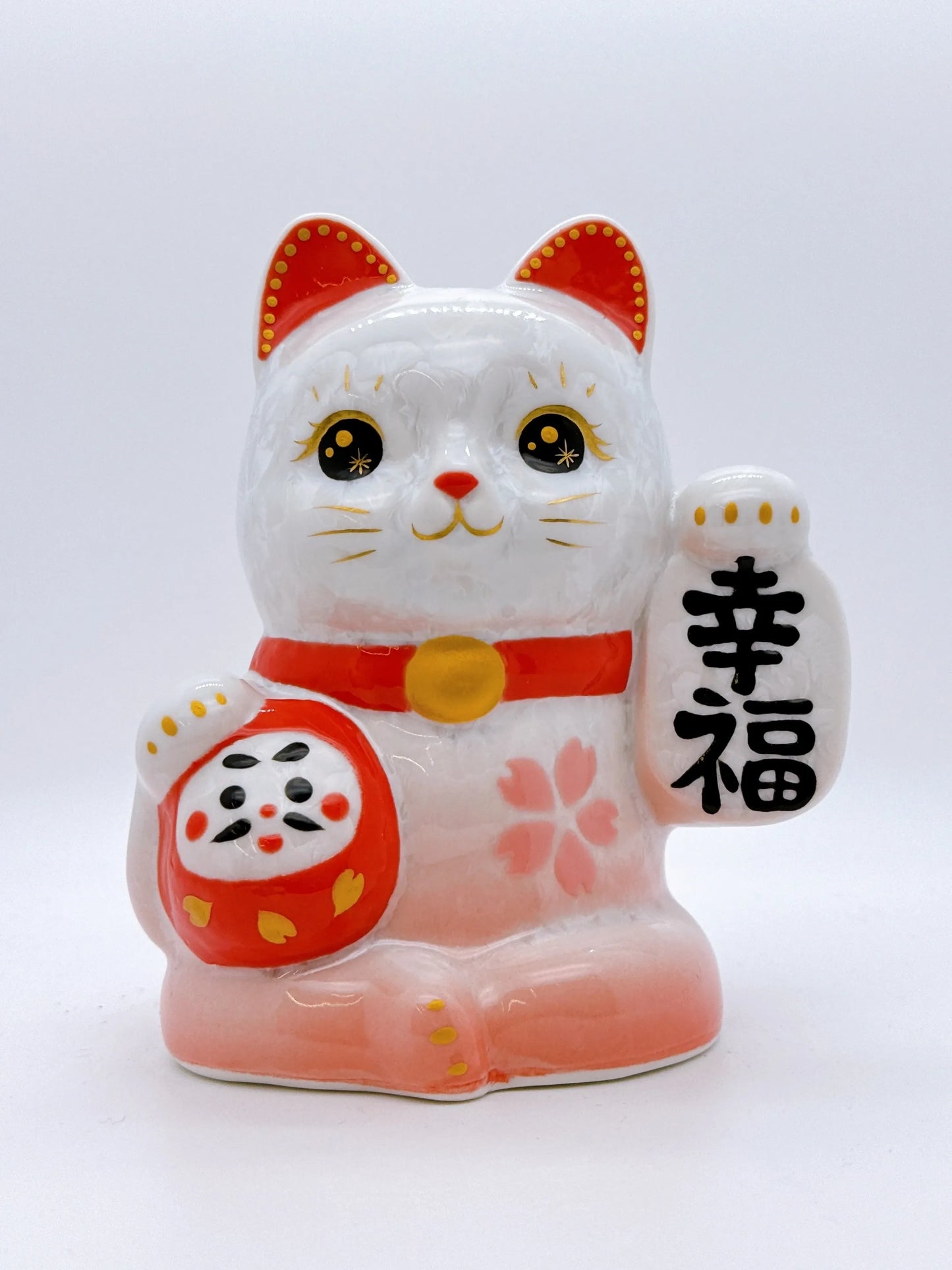 日本清水燒招財貓 達摩 花結晶 桃白 幸福