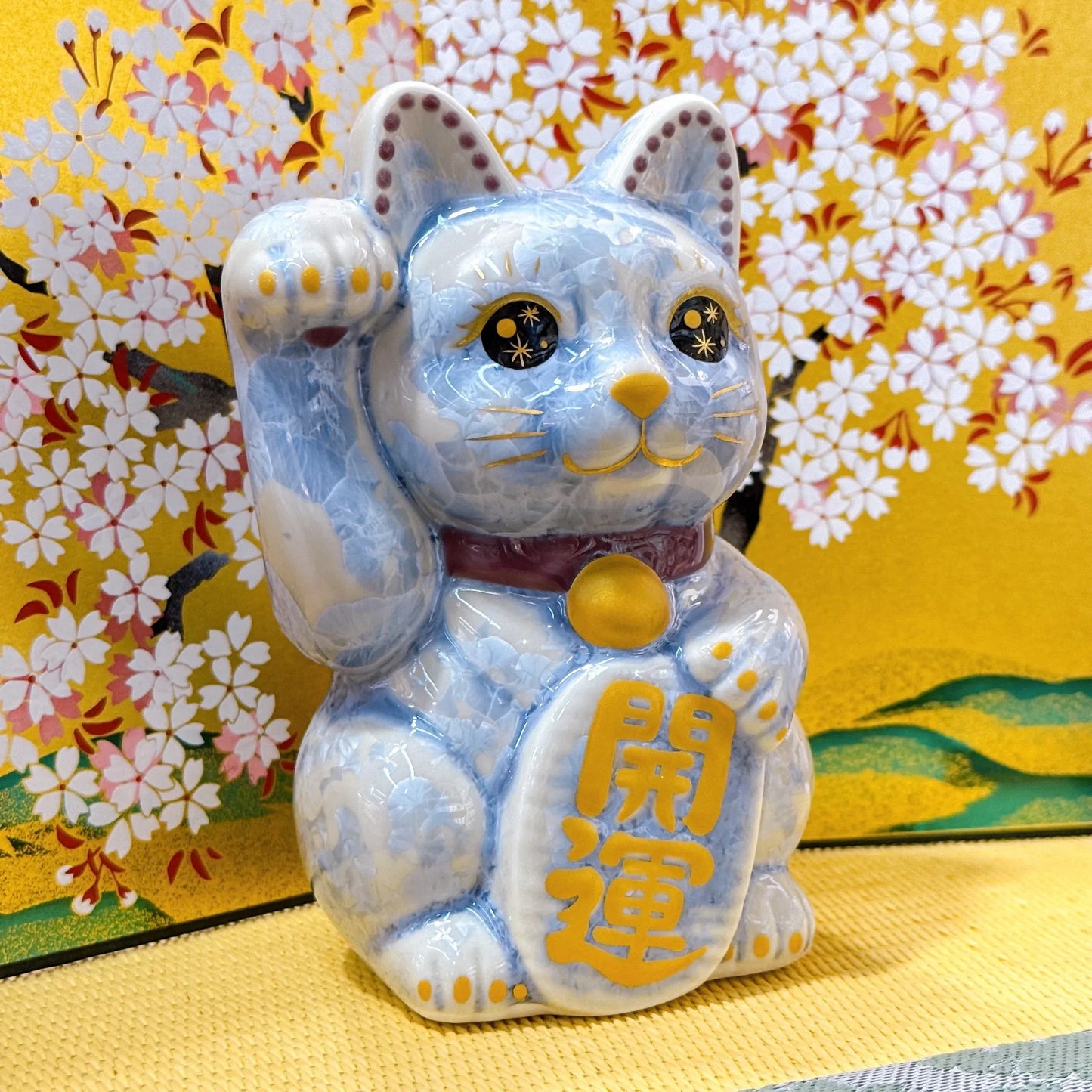 日本清水燒招財貓 花結晶 銀藤 億万両 右