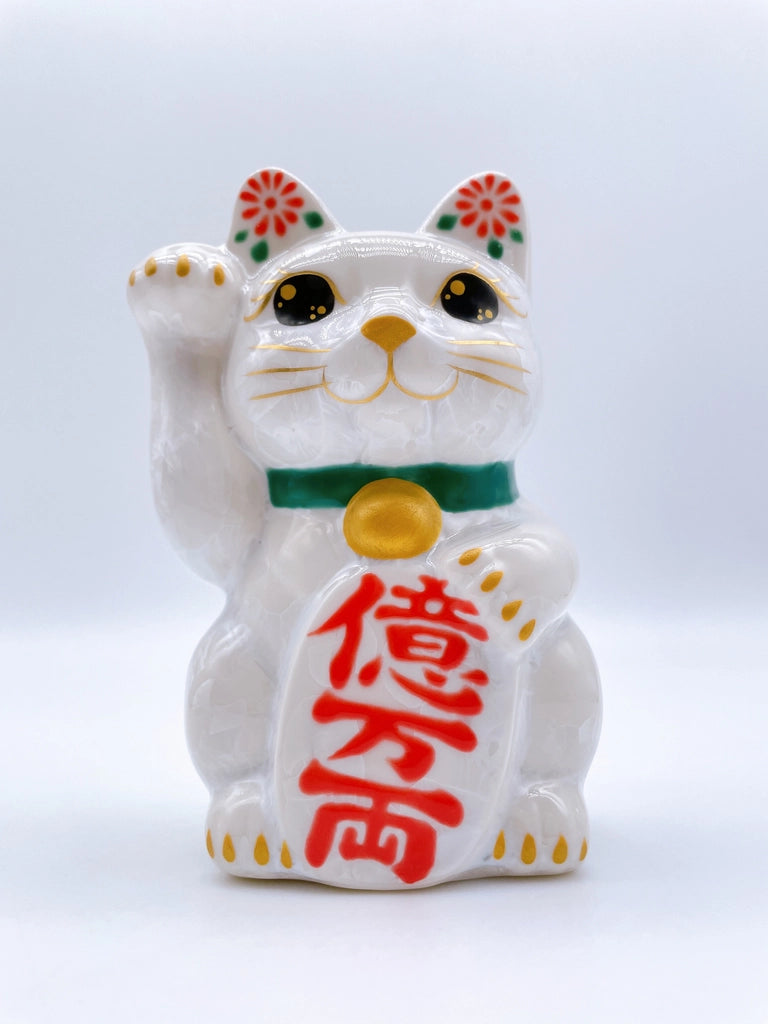 日本清水烧招财猫 花结晶 白 亿万两 右