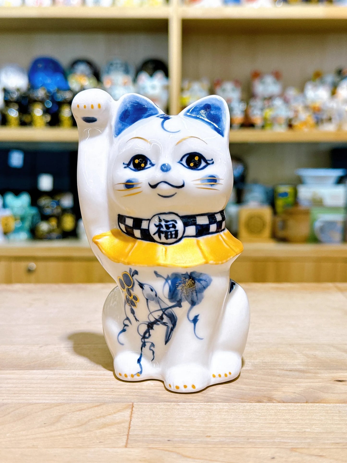 日本清水燒招財貓 染付 金彩福鳥