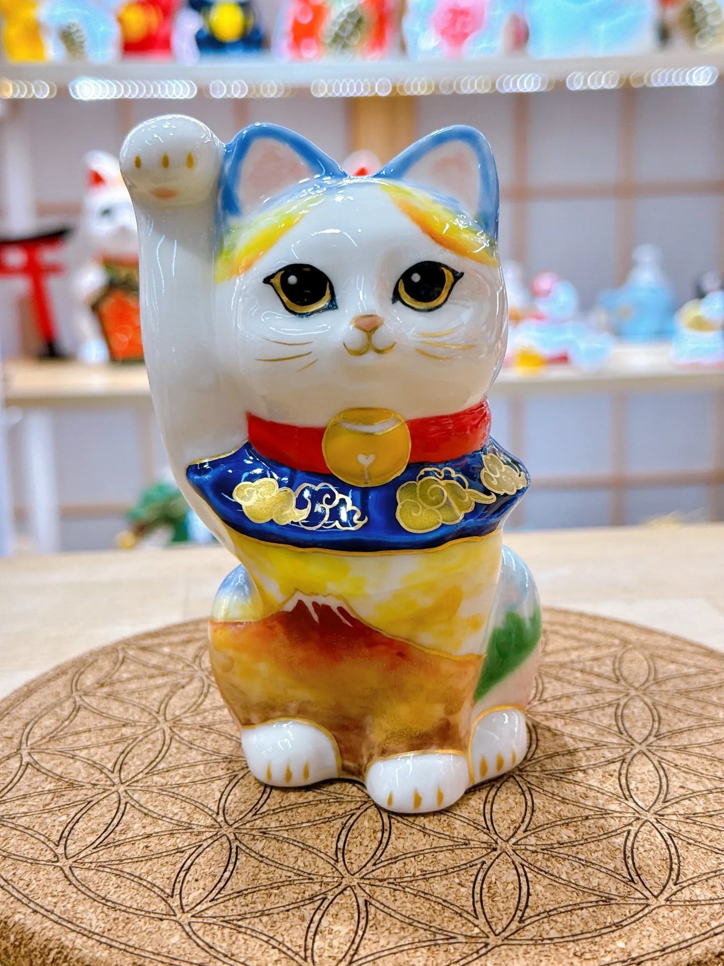 日本清水燒招財貓 色繪 富士