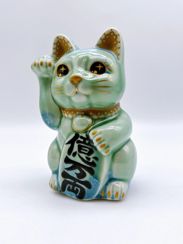 日本清水烧招财猫 花结晶 绿 亿万两 右