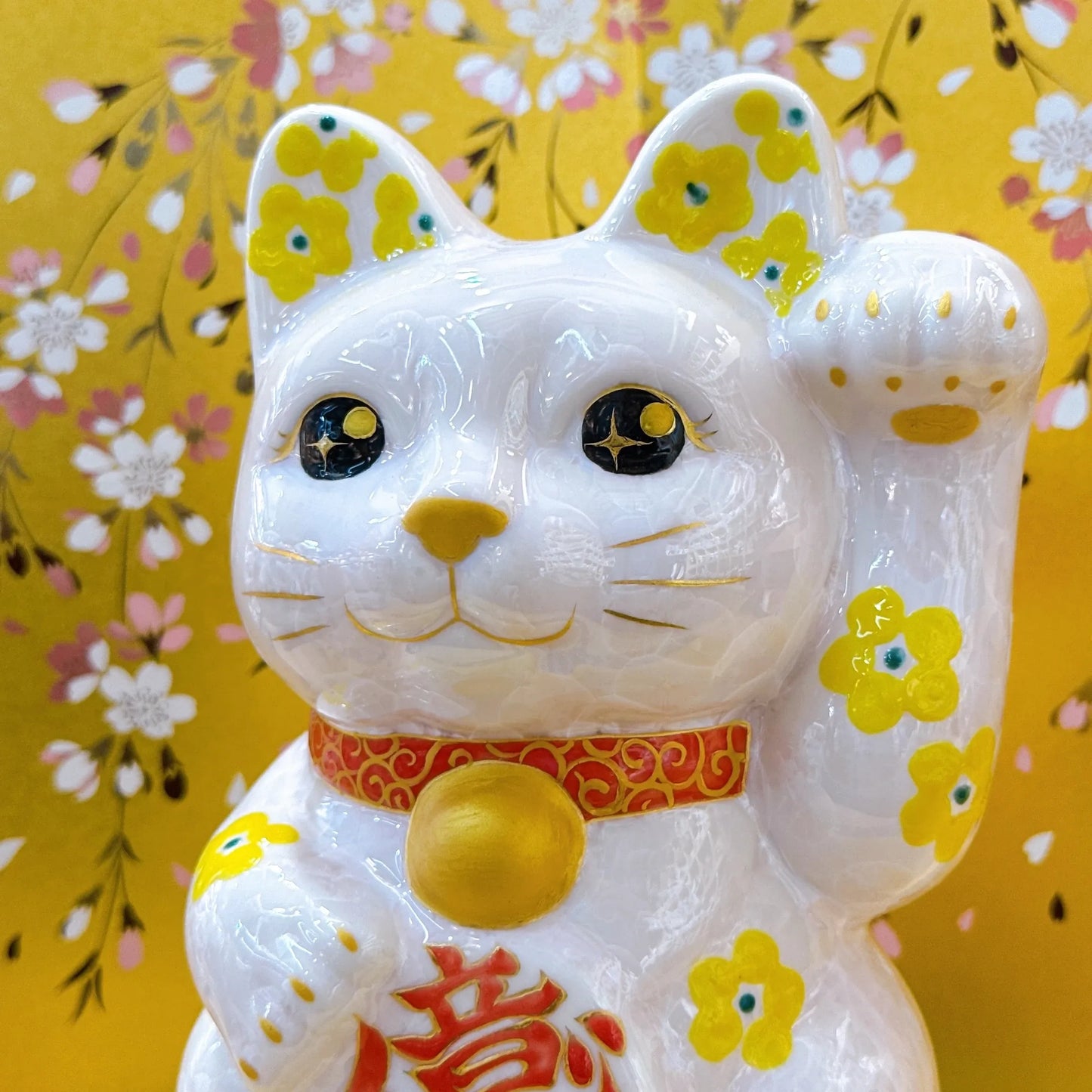 日本清水燒招財貓 花結晶 桃 億万両 特大 左