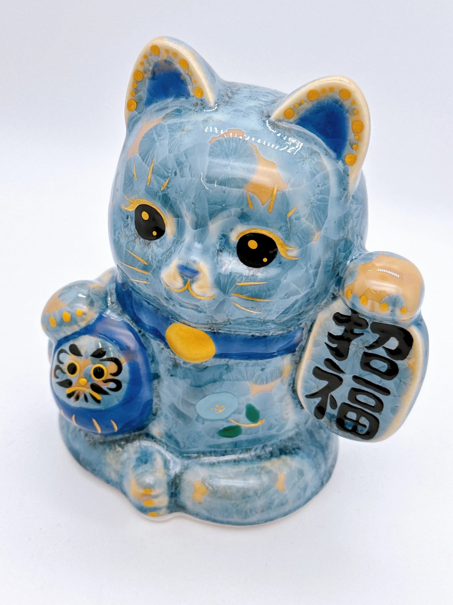 日本清水燒招財貓 達摩 花結晶 灰青 招福