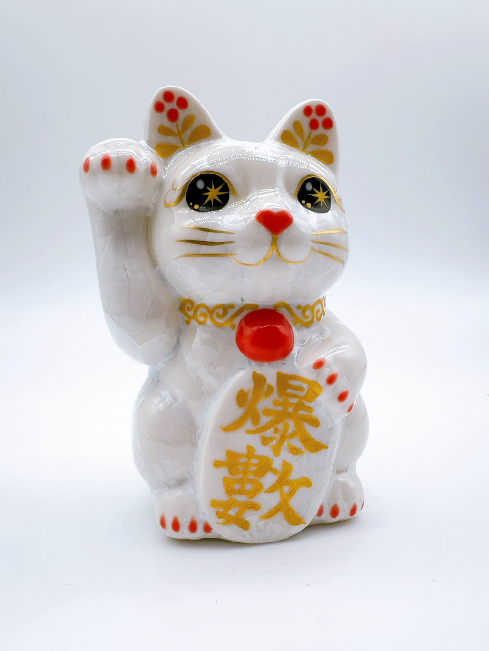 日本清水燒招財貓 花結晶 白 爆數 右