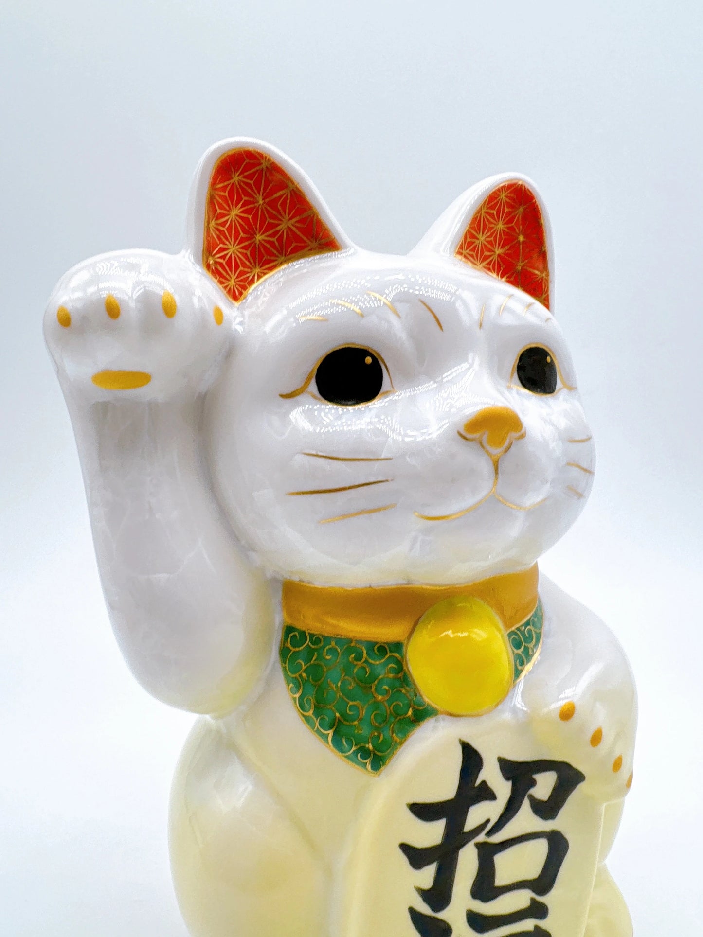 日本清水燒招財貓 花結晶 黃白 特大