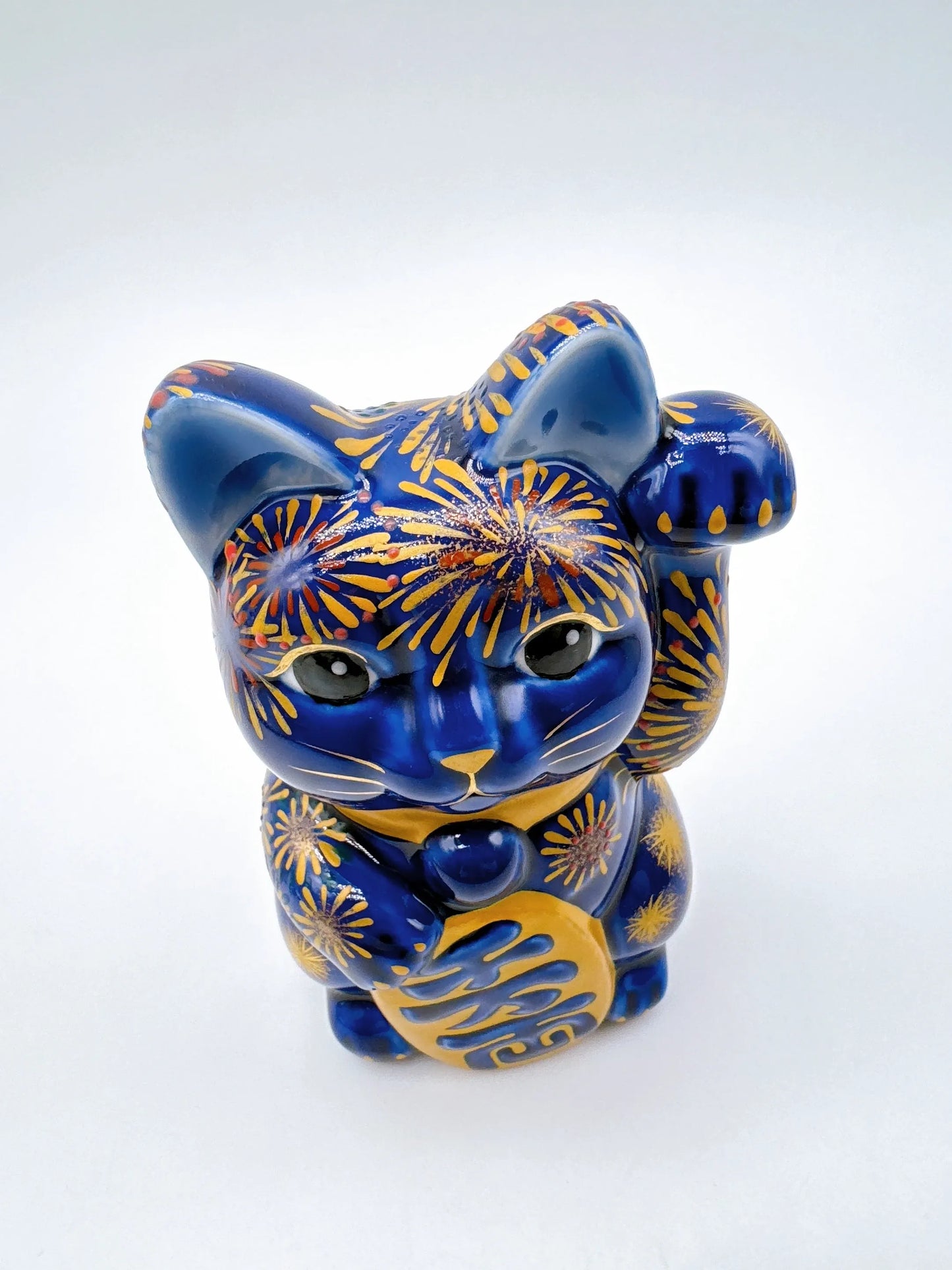 日本清水烧招财猫 色绘 花火