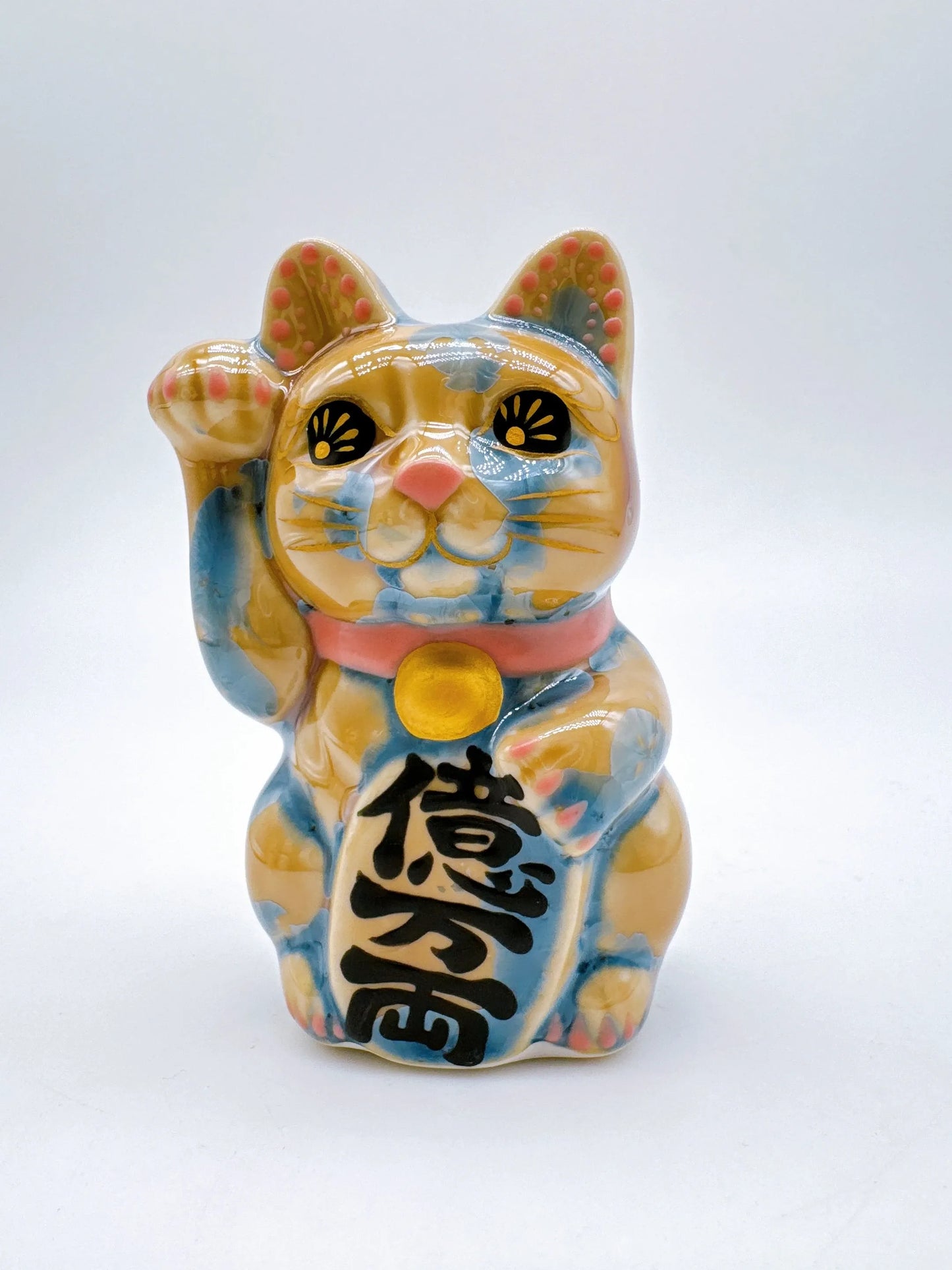 日本清水燒招財貓 花結晶 灰青 億万両 右 特小