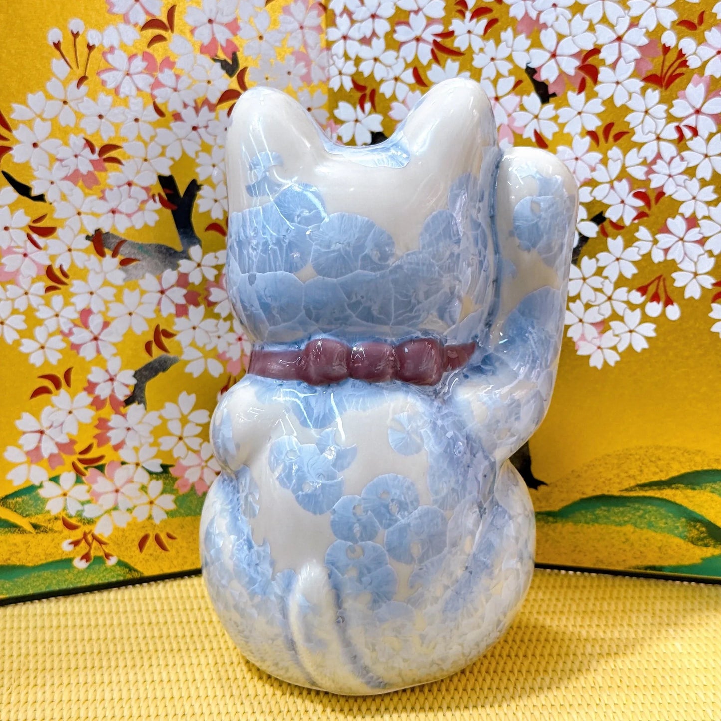 日本清水燒招財貓 花結晶 銀藤 億万両 右