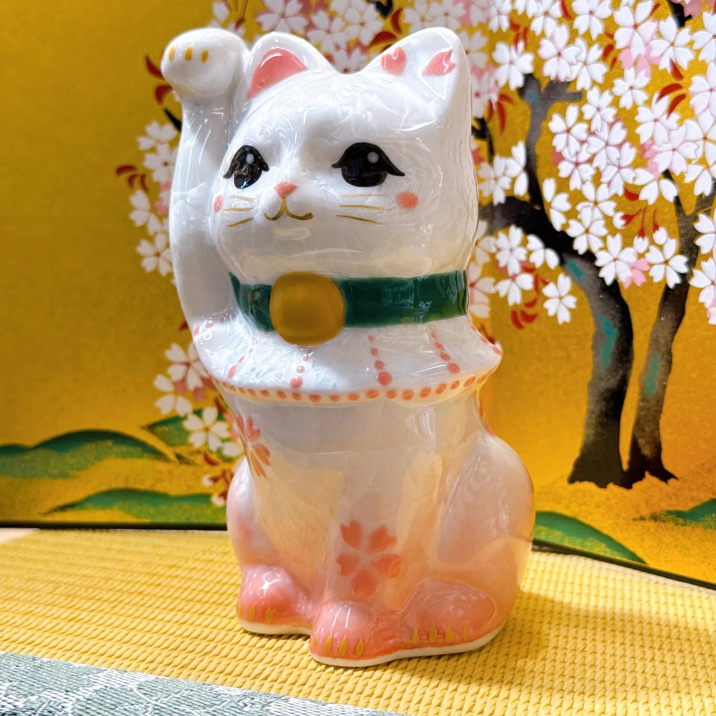 日本清水烧招财猫 花结晶 桃白 开运招福