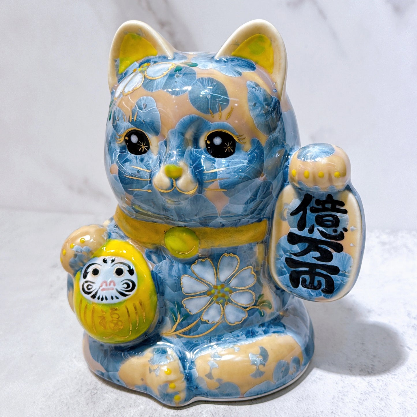 日本清水燒招財貓 達摩 花結晶 灰青 億万両