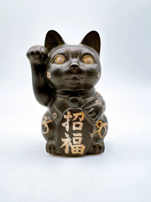 日本清水燒招財貓 黑銹X銀彩 梅 招福