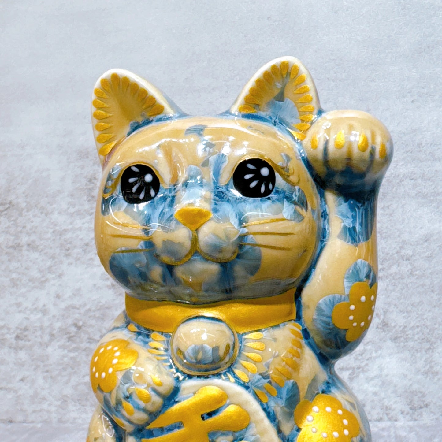 日本清水燒招財貓 花結晶 灰青 体花 千万両