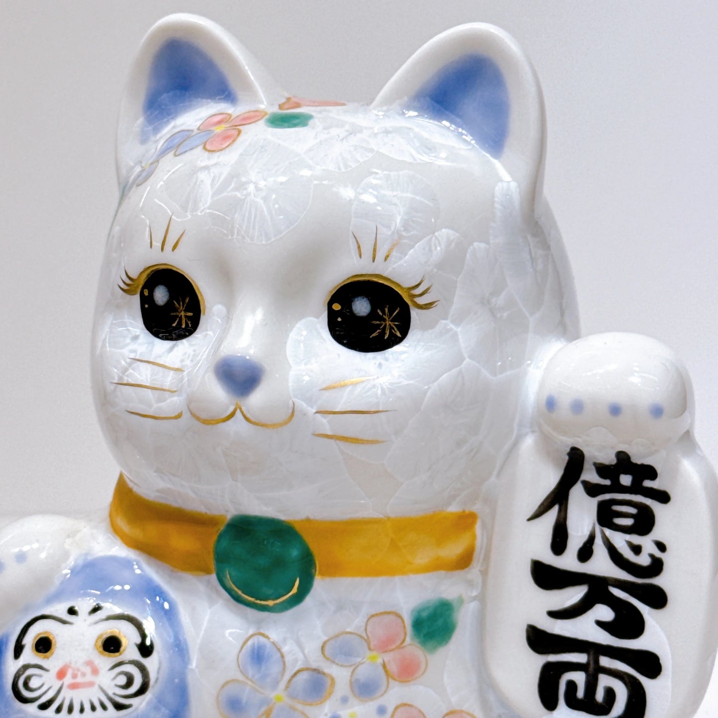 日本清水燒招財貓 達摩 花結晶 青白 体花