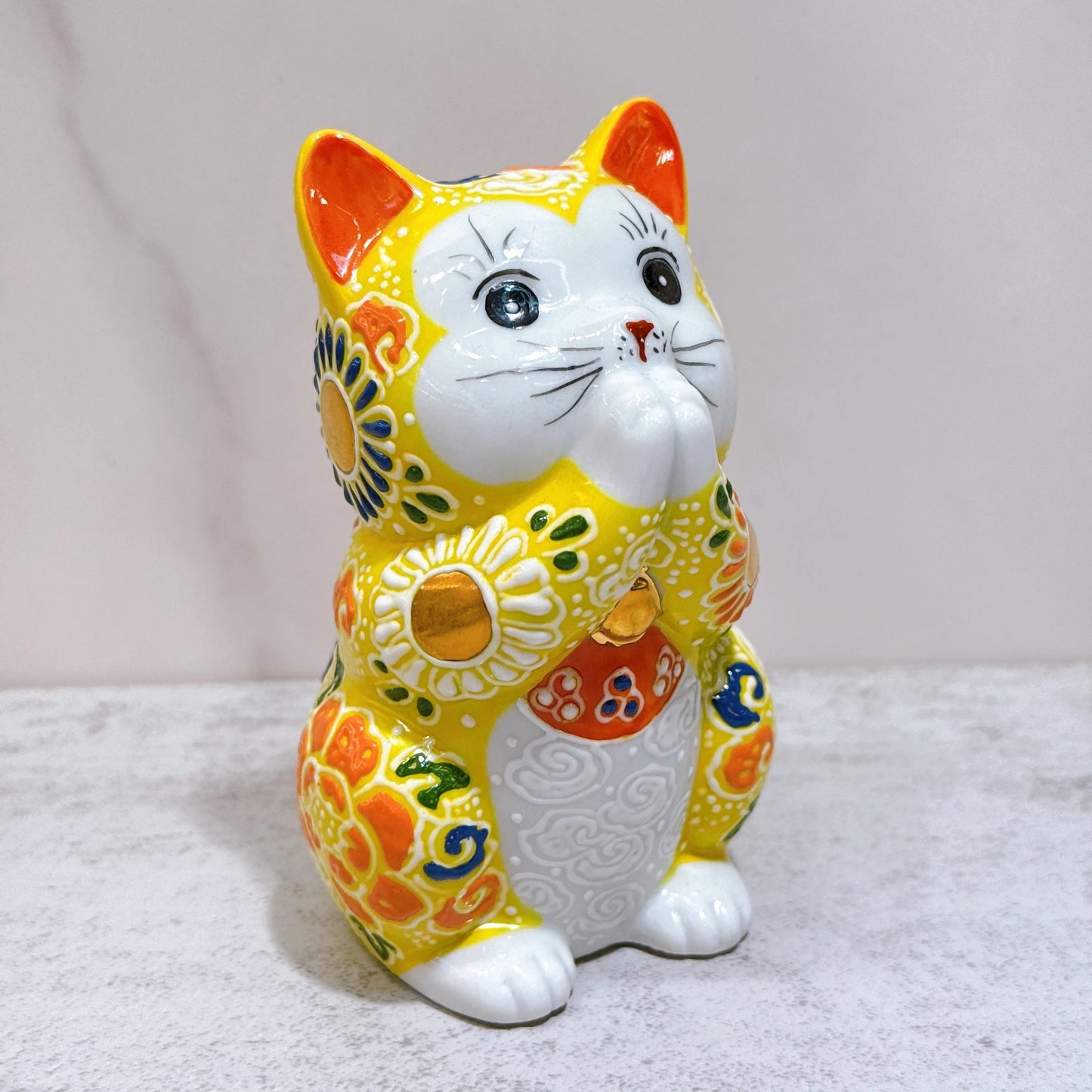 日本九谷燒招財貓 祈禱黃盛