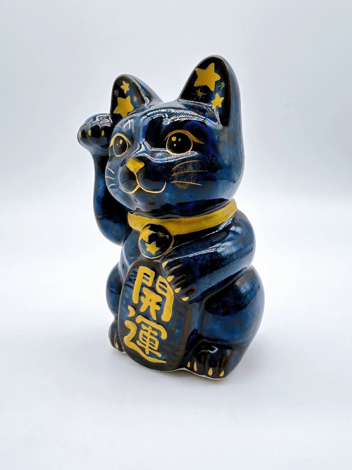 日本清水燒招財貓 青墨 金彩星 開運