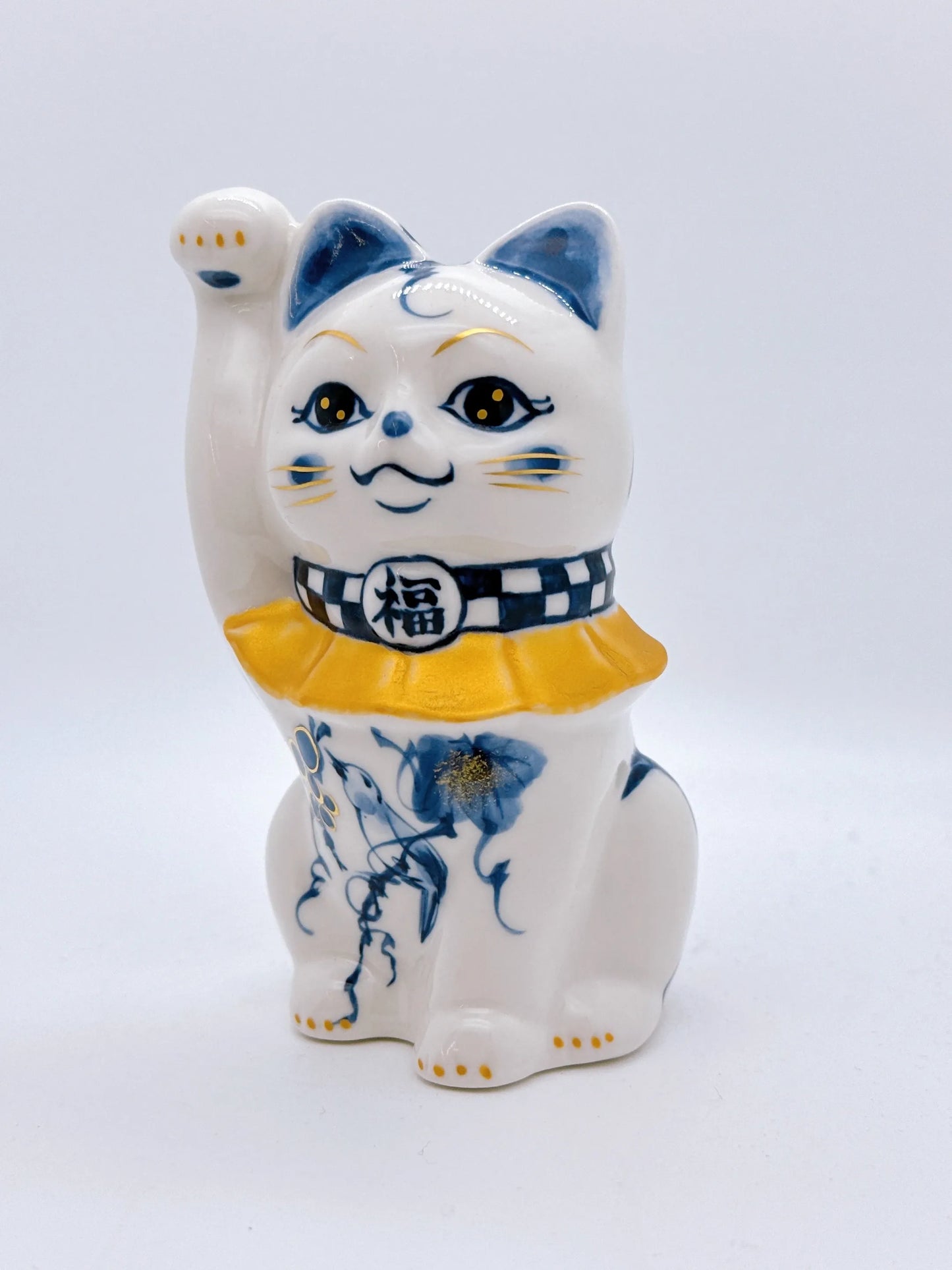 日本清水燒招財貓 染付 金彩福鳥