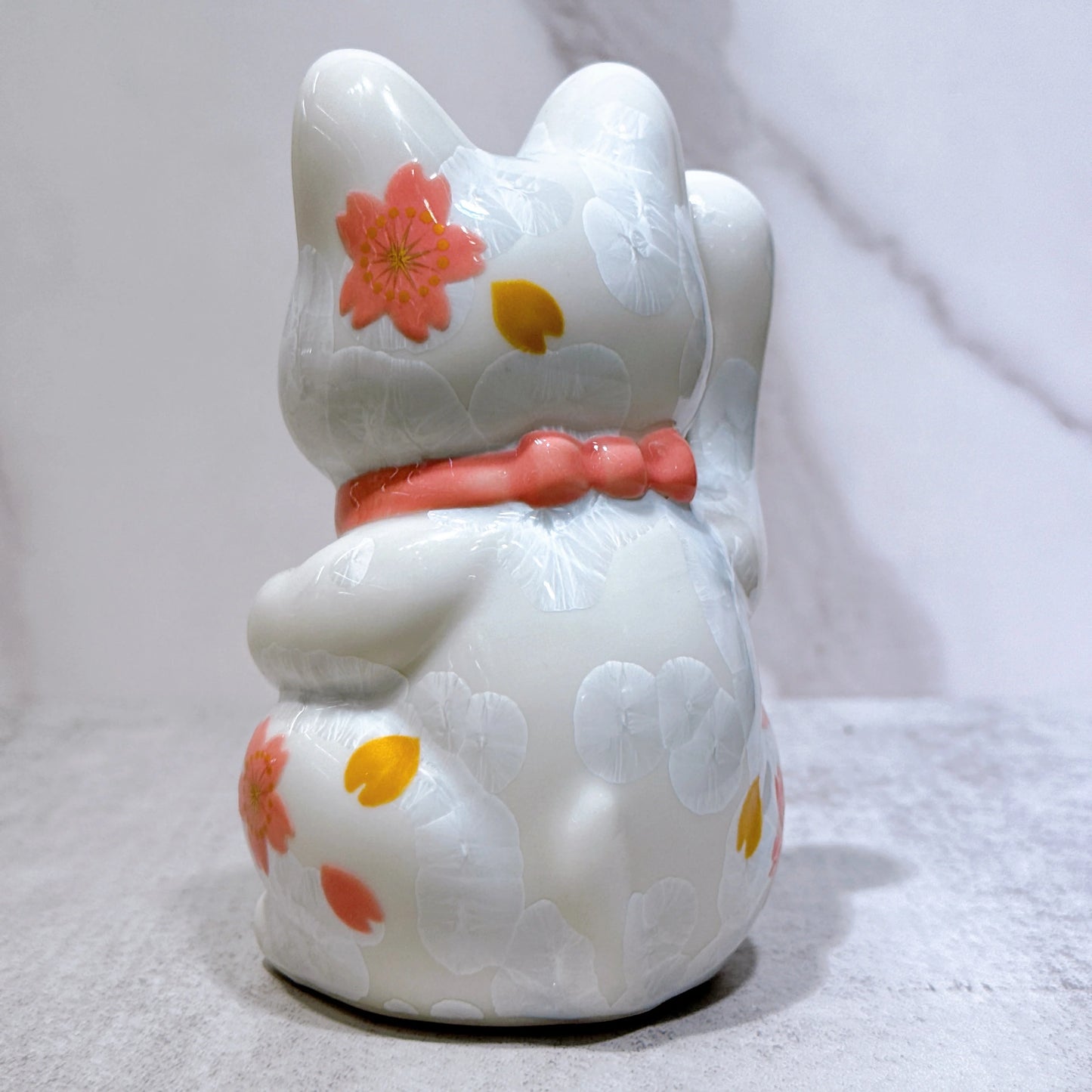 日本清水燒招財貓 花結晶 白 体花 招福 右