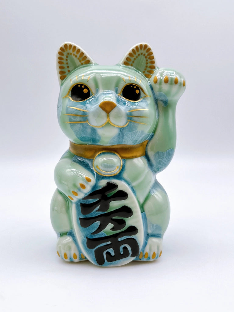 日本清水烧招财猫 花结晶 绿 千万两 左