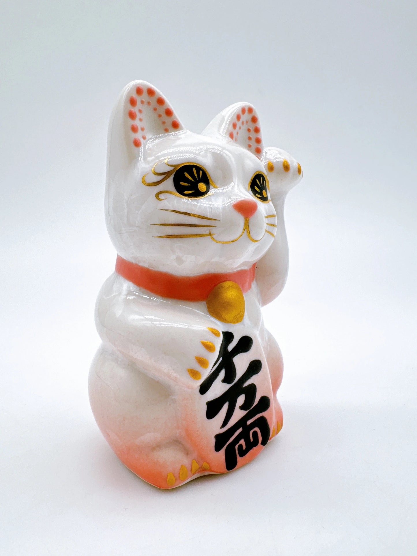 日本清水燒招財貓 花結晶 桃白 千万両 左 迷你