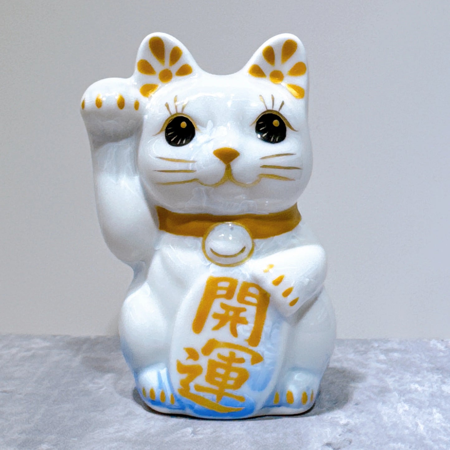 日本清水燒招財貓 花結晶 青白 開運 右 特小