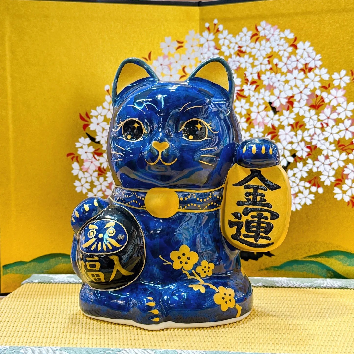日本清水燒招財貓 達摩 花結晶 青墨 金運
