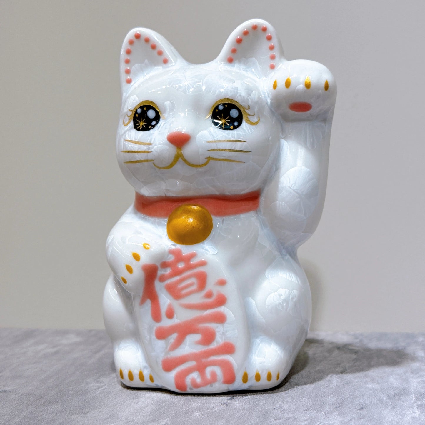 日本清水燒招財貓 花結晶 白 億万両 左 特小