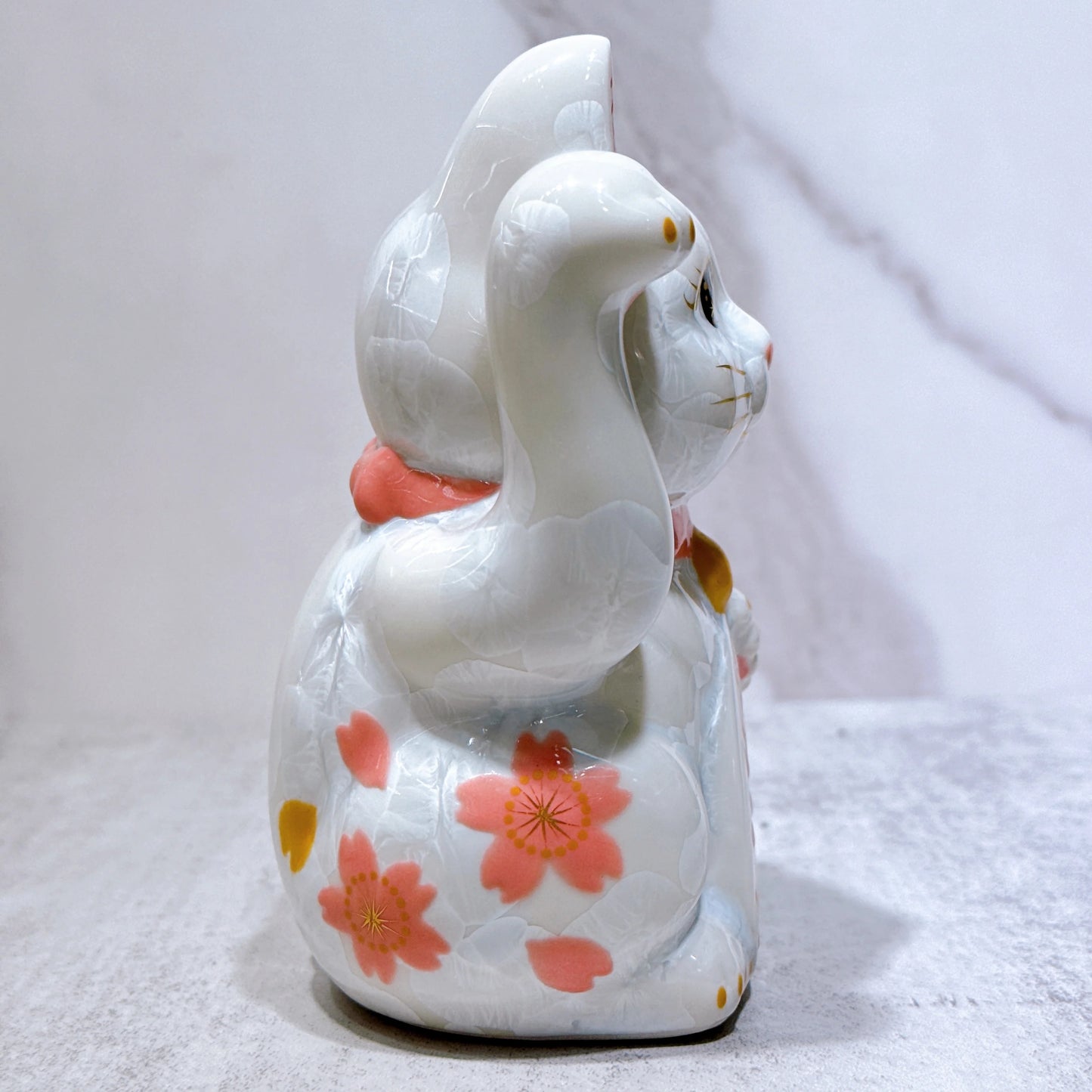 日本清水燒招財貓 花結晶 白 体花 招福 右