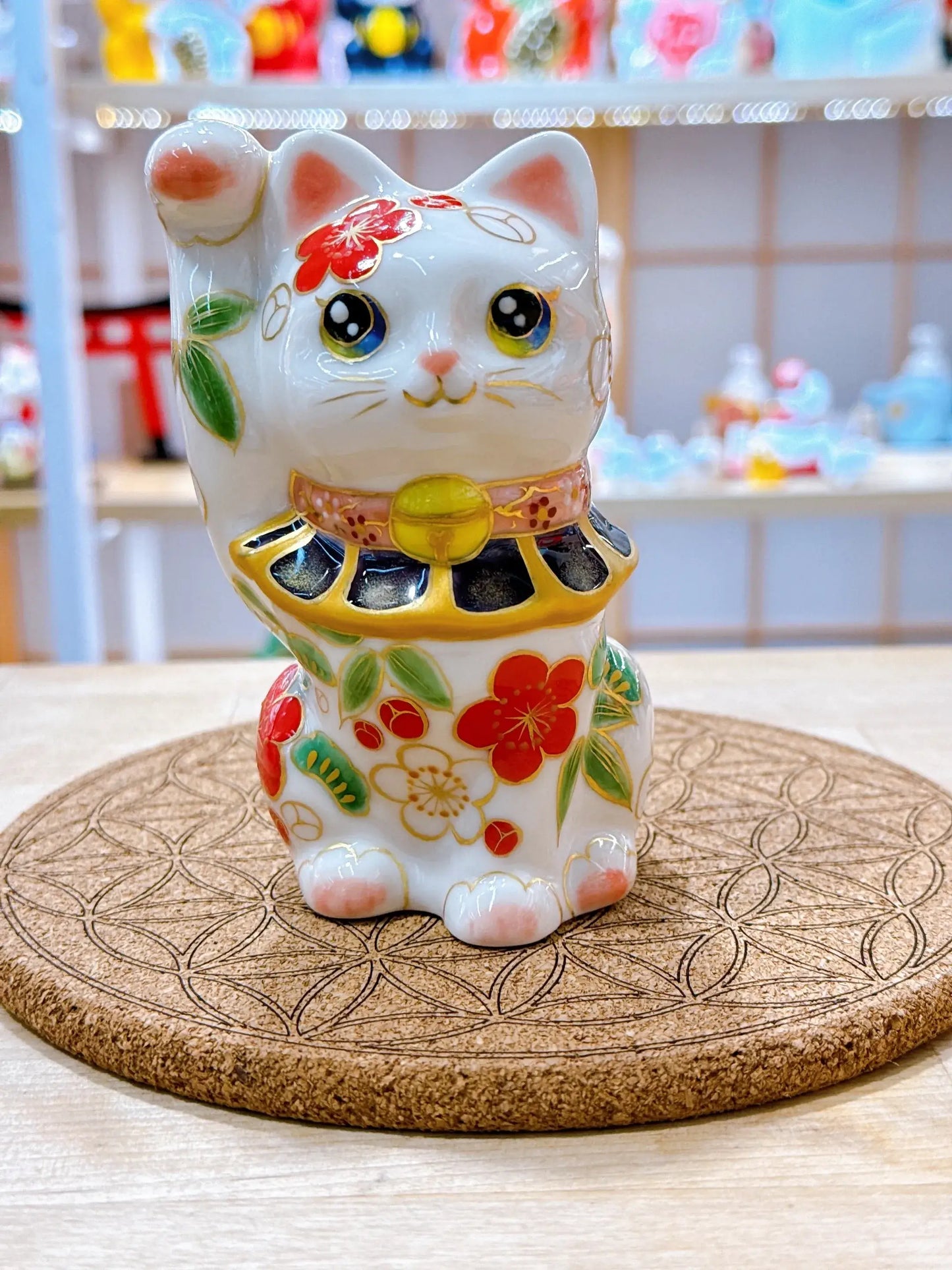 日本清水燒招財貓 色繪 白地 松竹梅