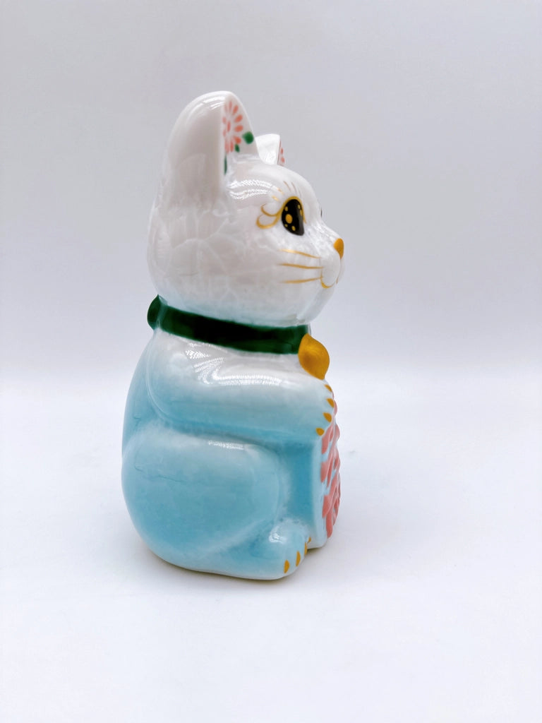 日本清水烧招财猫 花结晶 水色 千万两 左